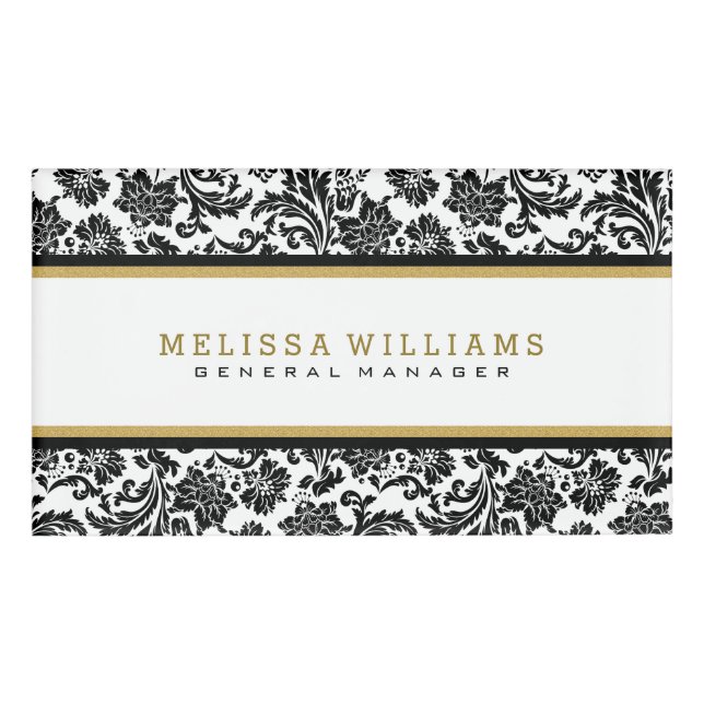 Black & White Damasks Gold Glitter Accent Name Tag (Front)