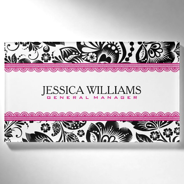 Black & White Damasks Pink Lace Accents Name Tag (Front)