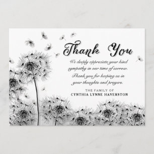 Black & White Dandelion Thank You Sympathy Card