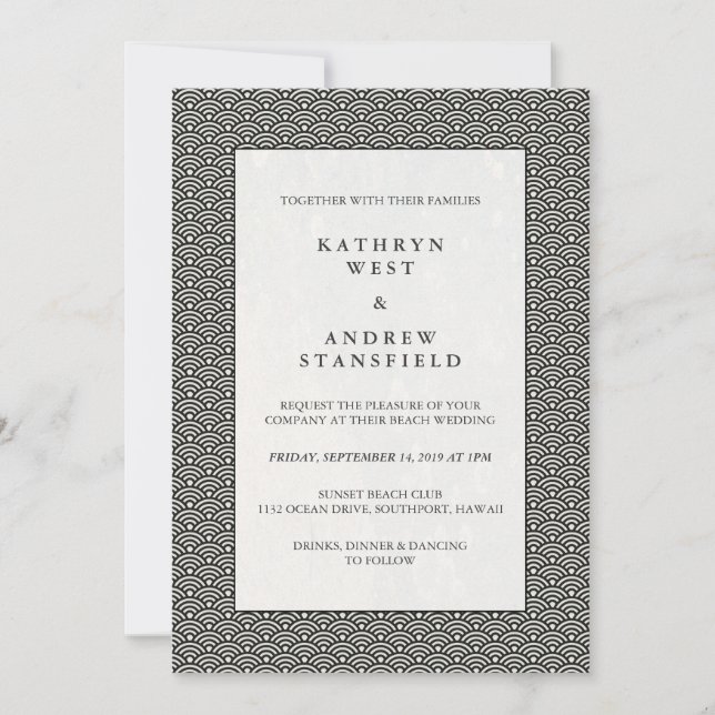 Black + White Deco Japanese Seigaiha Waves Wedding Invitation (Front)