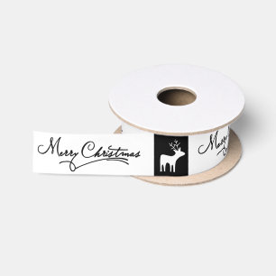 Black white deer cursive script Christmas holiday Satin Ribbon