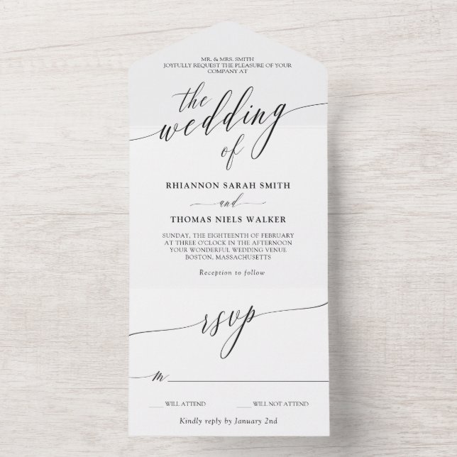 Black White Delicate Calligraphy Wedding All In One Invitation (Inside)