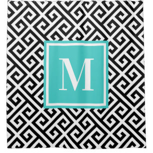 Black White Diagonal Greek Key Turquoise Monogram