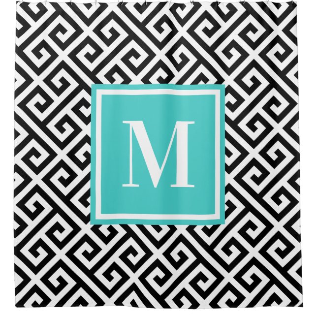 Black White Diagonal Greek Key Turquoise Monogram (Front)