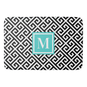 Black White Diagonal Greek Key Turquoise Monogram Bath Mat
