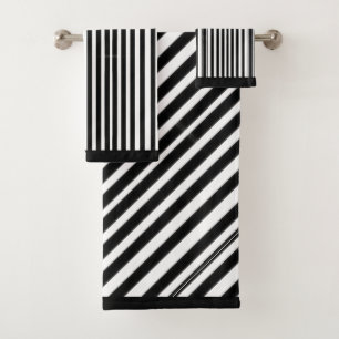 Black White Diagonal Stripes Bath Towel Set