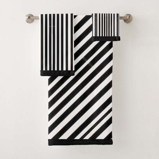 Black White Diagonal Stripes  Bath Towel Set (Insitu)