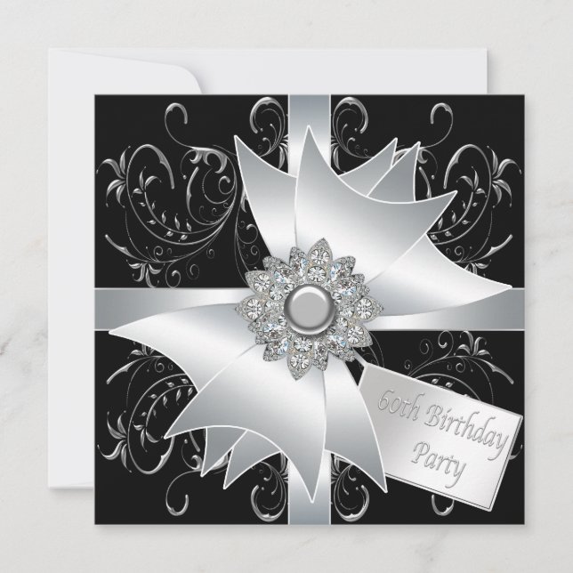 Black White Diamond Bow Womans 60th Birthday Party Invitation (Front)