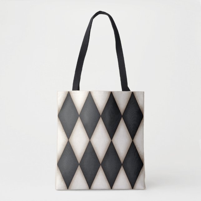 Black. & White Diamond Check Harlequin Pattern Tote Bag (Front)