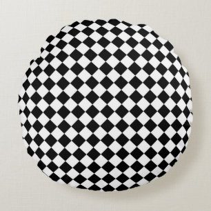 Black White Diamond Chequerboard Round Pillow