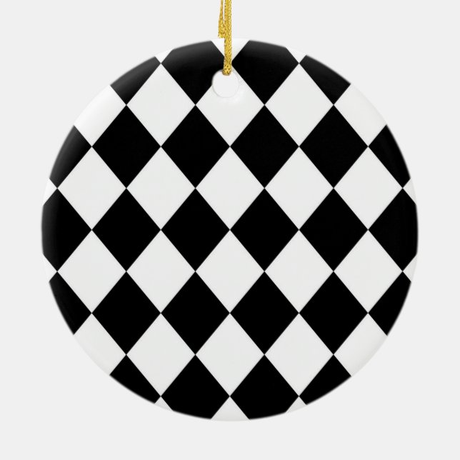 Black & White Diamond Chequered Pattern Ceramic Ornament (Back)