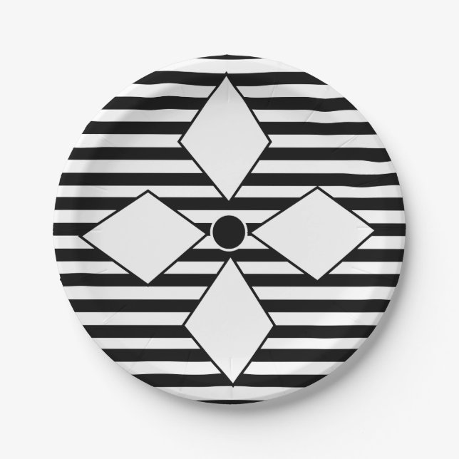 Black White Diamond Geometric Stripes Pattern  Paper Plate (Front)
