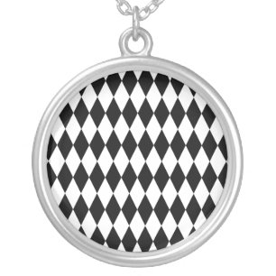 Black & White Diamond Harlequin Pattern Silver Plated Necklace