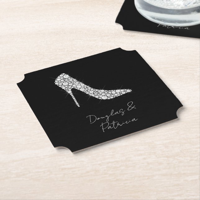 Black White Diamond High Heel Shoe Wedding Paper Coaster (Angled)