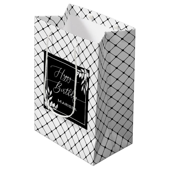 Black & White Diamond Pattern Botanical Birthday Medium Gift Bag (Front Angled)