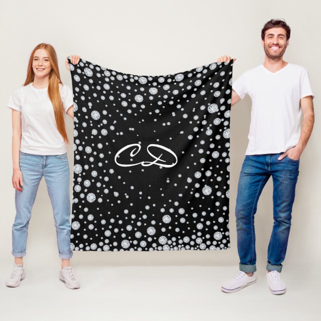 Black white diamonds monogram initials fleece blanket (In Situ)