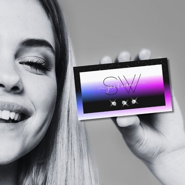 Black White Diamonds Pink Purple Gradient Monogram Business Card (Creator Uploaded)