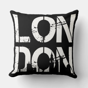 Black White Distressed London and famous landmarks Throw Pillow
