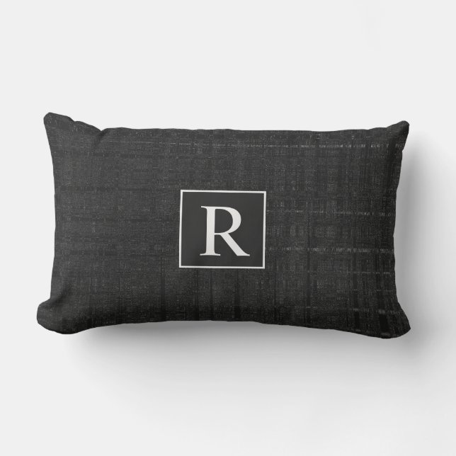 Black White Distressed Rustic Vintage Monogram Lumbar Pillow (Front)