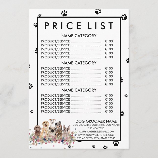 Black White Dog Groomer Price List Menu (Front)