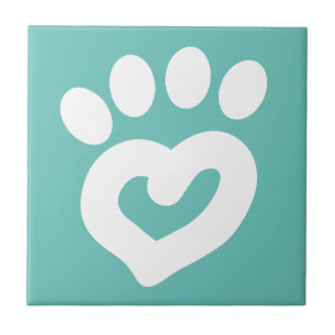 Black & White Dog Heart Paw Print Teal Tile
