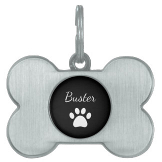 Black White Dog Paw Print Simple Script  Pet ID Tag