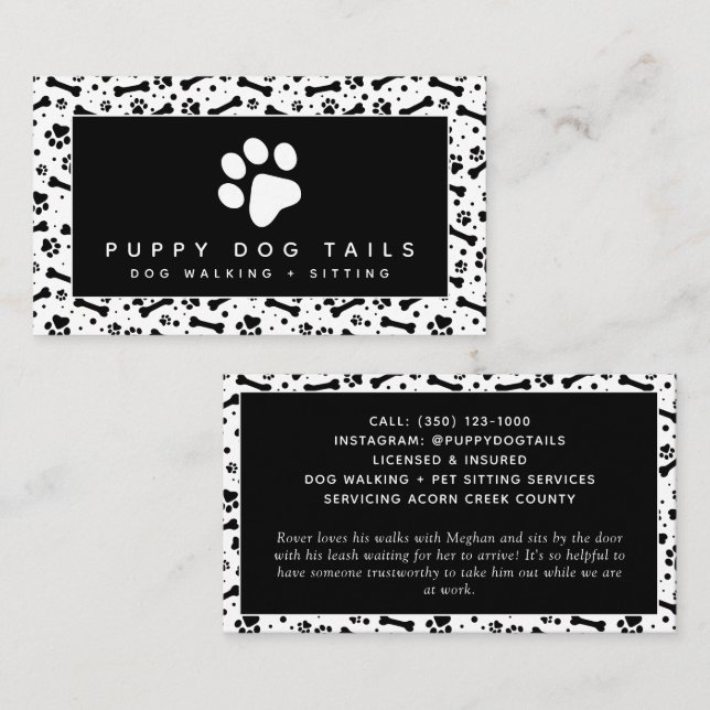 Black White Dog Walker Pet Sitter Business Card (Front/Back)