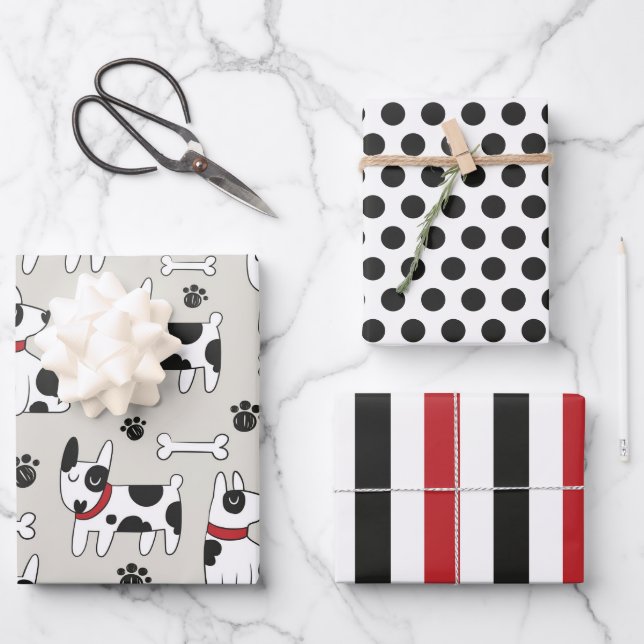 Black White Dog Wrapping Paper Set (Front)