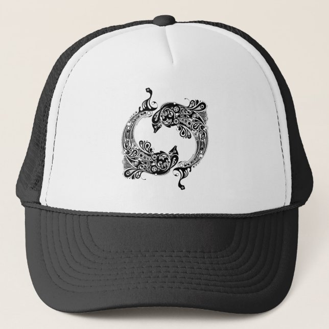 Black & White Dolphins-Tattoo Style Trucker Hat (Front)
