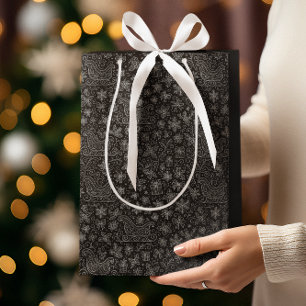 Black & White Doodle Christmas Sleigh Pattern Medium Gift Bag