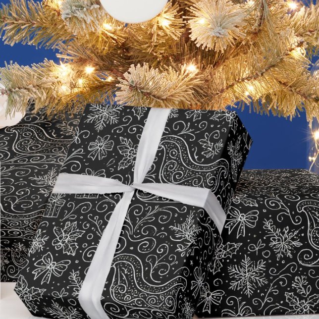 Black & White Doodle Christmas Sleigh Pattern Wrapping Paper (Creator Uploaded)