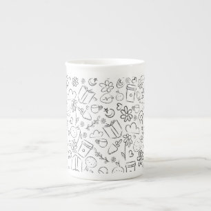 Black & White Doodle Cute Things Seamless Pattern Bone China Mug