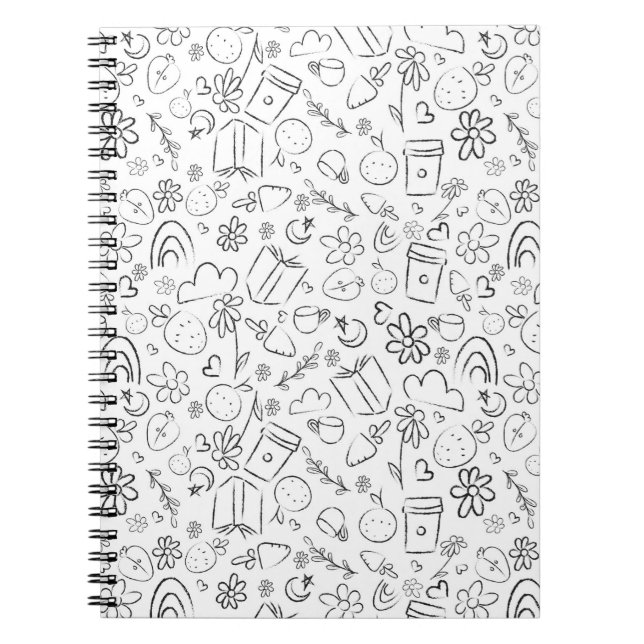 Black & White Doodle Cute Things Seamless Pattern Notebook (Front)