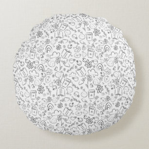 Black & White Doodle Cute Things Seamless Pattern Round Pillow