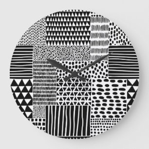 Black White Doodle: Ethnic Seamless Large Clock