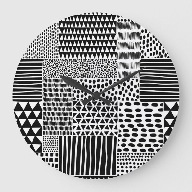 Black White Doodle: Ethnic Seamless Large Clock (Front)