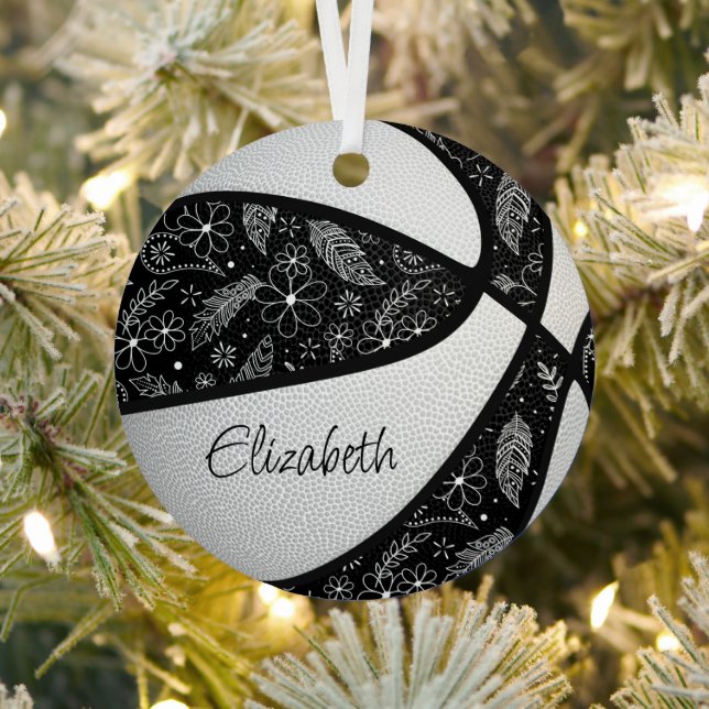 black white doodle flowers feathers basketball metal ornament (Insitu)