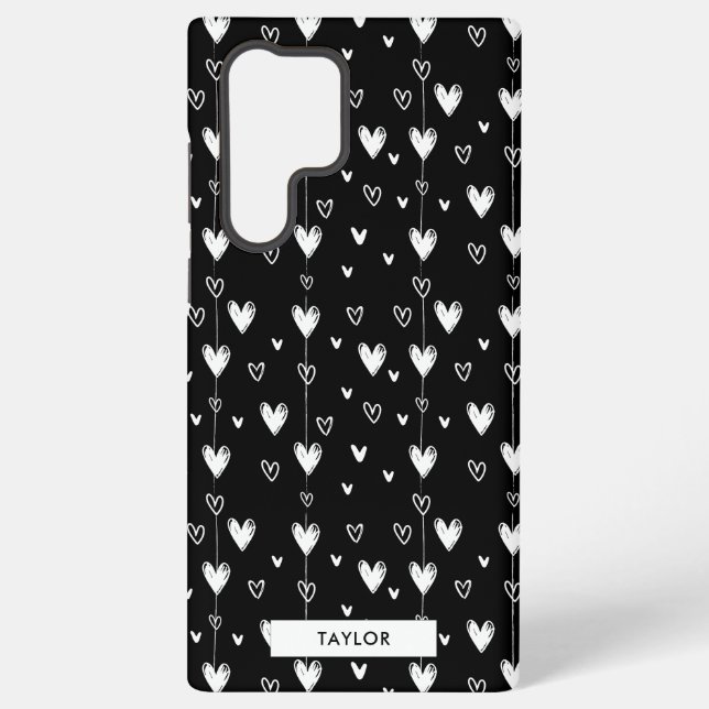 Black White Doodle Hearts Pattern Monogram Name Samsung Galaxy S22 Ultra Case (Back)
