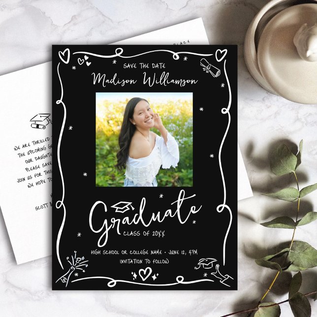 Black White Doodles Save the Date Graduation Photo Invitation Postcard (Creator Uploaded)