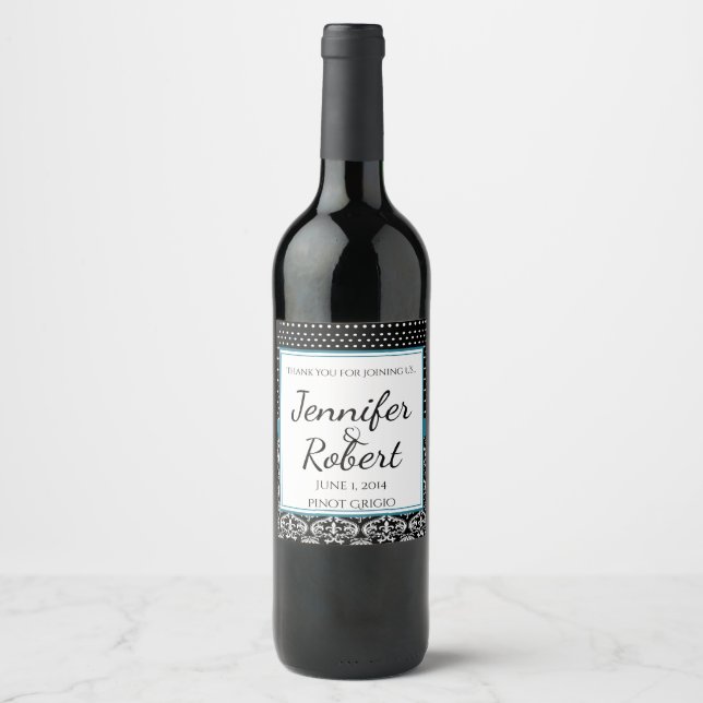Black White Dots and Damask Wedding Wine Label (Front)