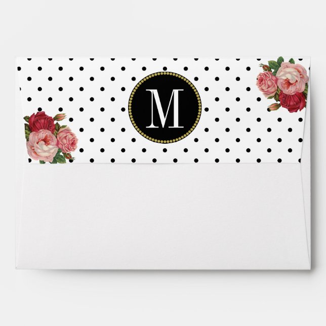 Black White Dots Floral Monogram Return Address Envelope (Back (Top Flap))