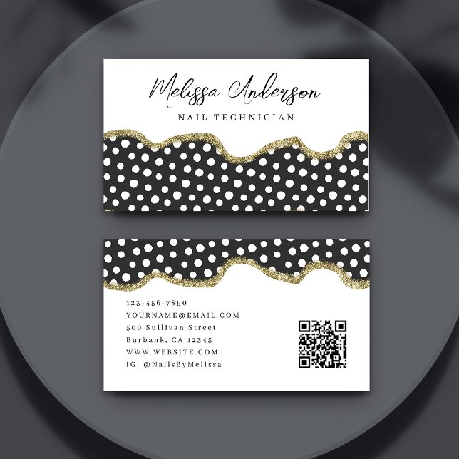Black White Dotty Gold Glitter Preppy QR Code Business Card (Creator Uploaded)