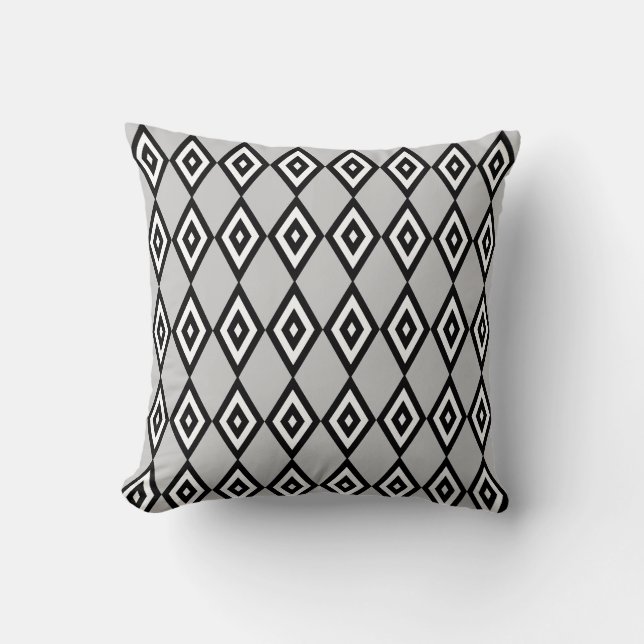 Black & White Double Diamond Pattern on Light Grey Throw Pillow (Front)