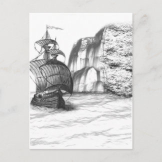 Black & White Drawing of a Sailing Ship Postcard