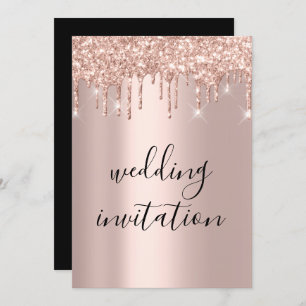Black White Drips Rose Gold Wedding Sparkly Invitation