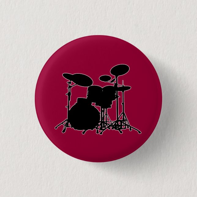 Black & White Drum Kit Silhouette - For Drummers 1 Inch Round Button (Front)