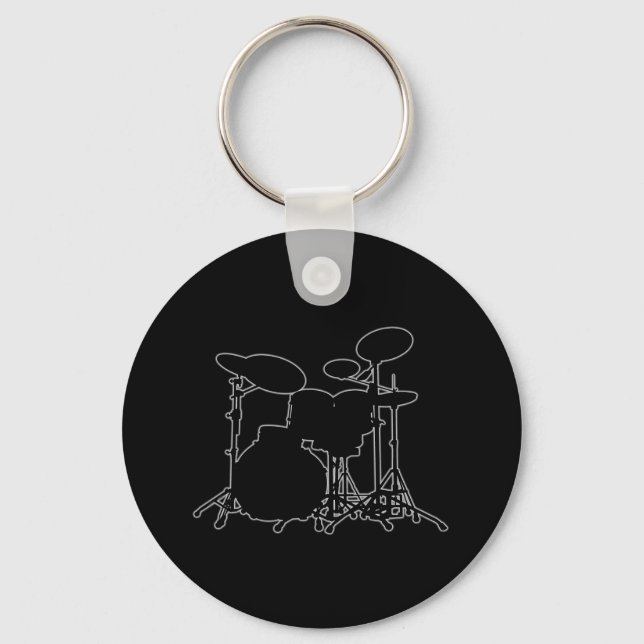 Black & White Drum Kit Silhouette - For Drummers Keychain (Front)