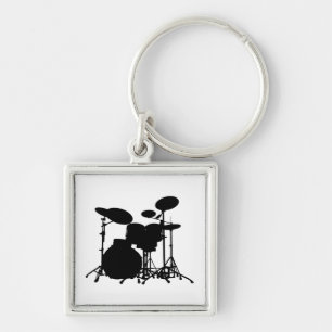 Black & White Drum Kit Silhouette - For Drummers Keychain