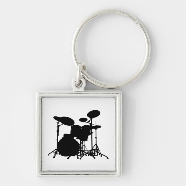 Black & White Drum Kit Silhouette - For Drummers Keychain (Front)