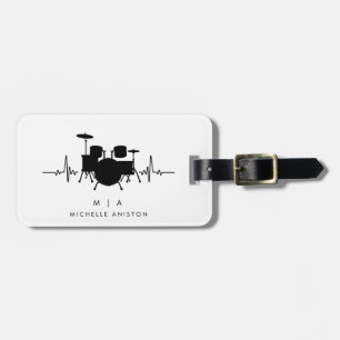 Black White Drums Heartbeat Drummer Monogram Luggage Tag